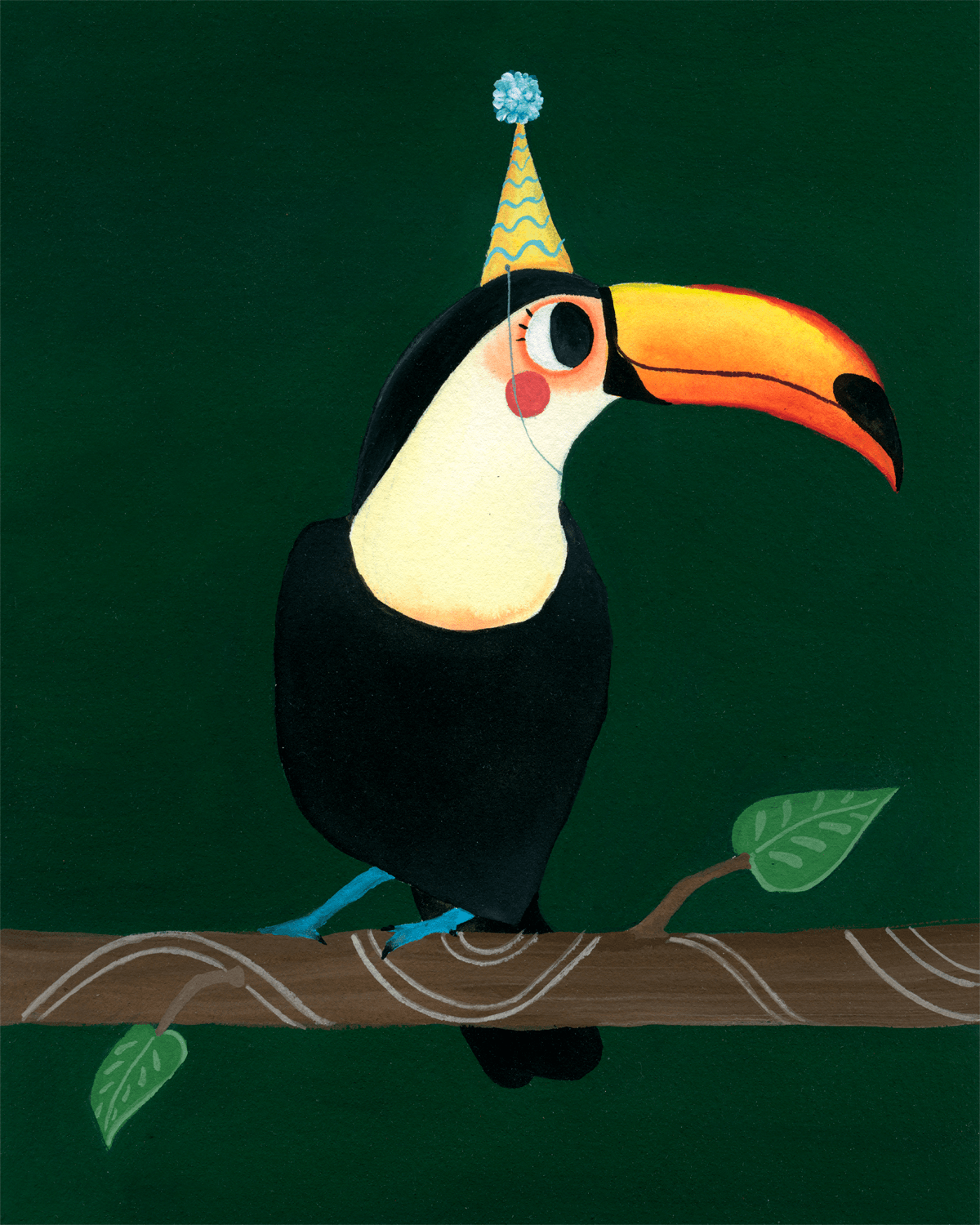 A toucan wearing a party hat perches on a branch