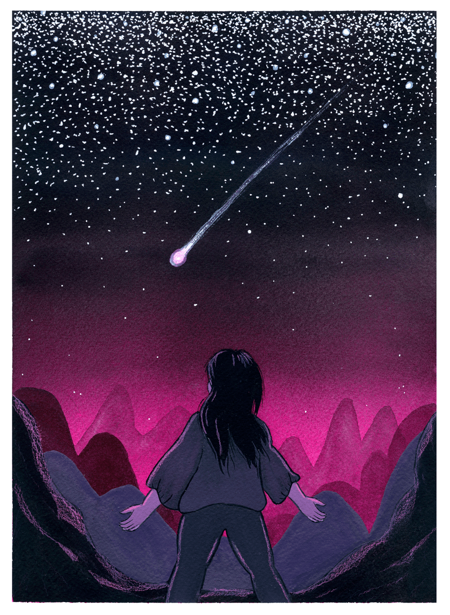 Sarah is watching a shooting star streak through the night sky, above violet mountains