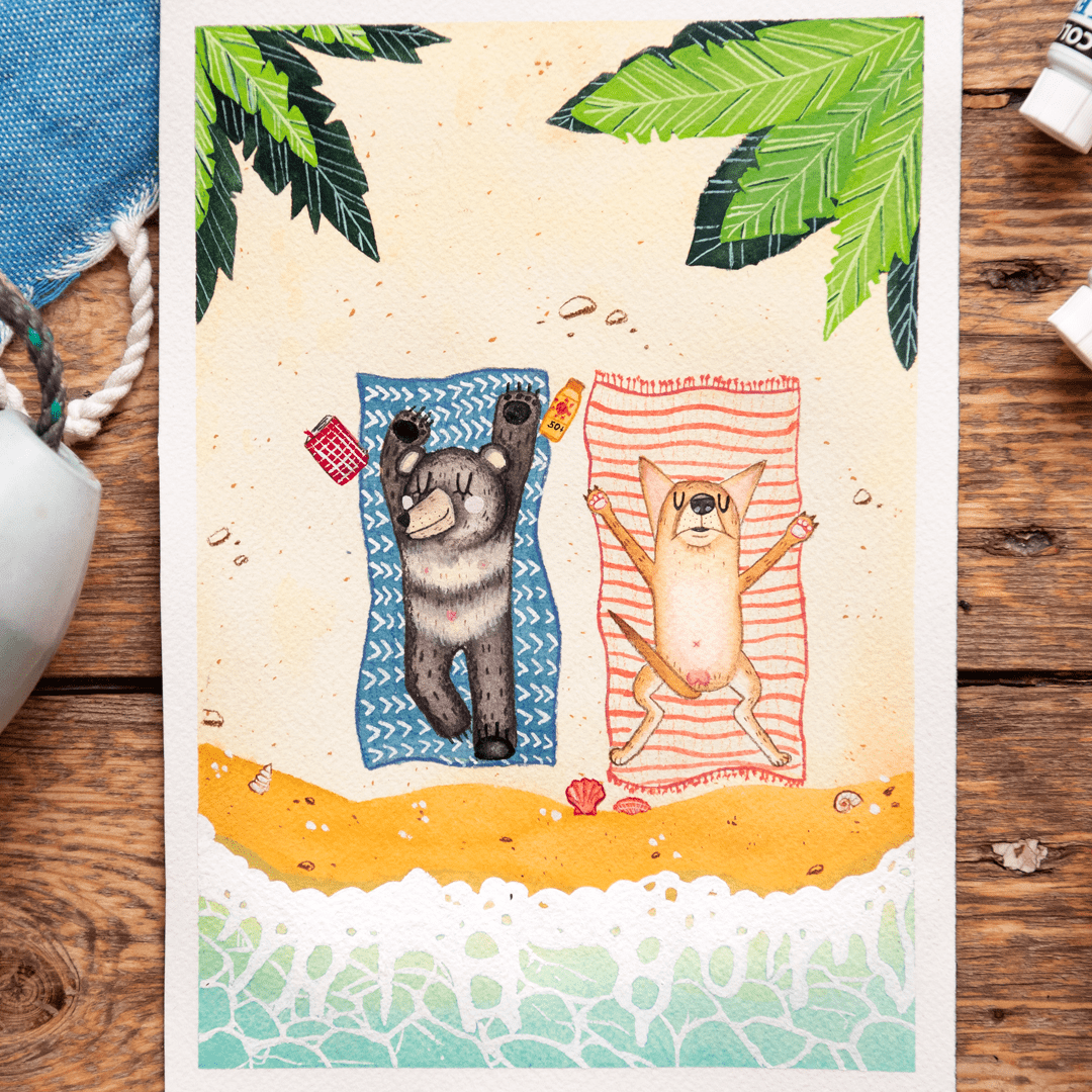 A bear and a dog are sunbathing on a tropical beach