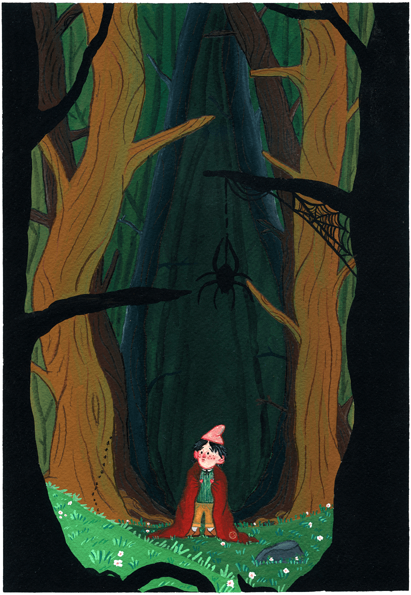 A little wizard is lost in the woods. A spider is hanging from its web.