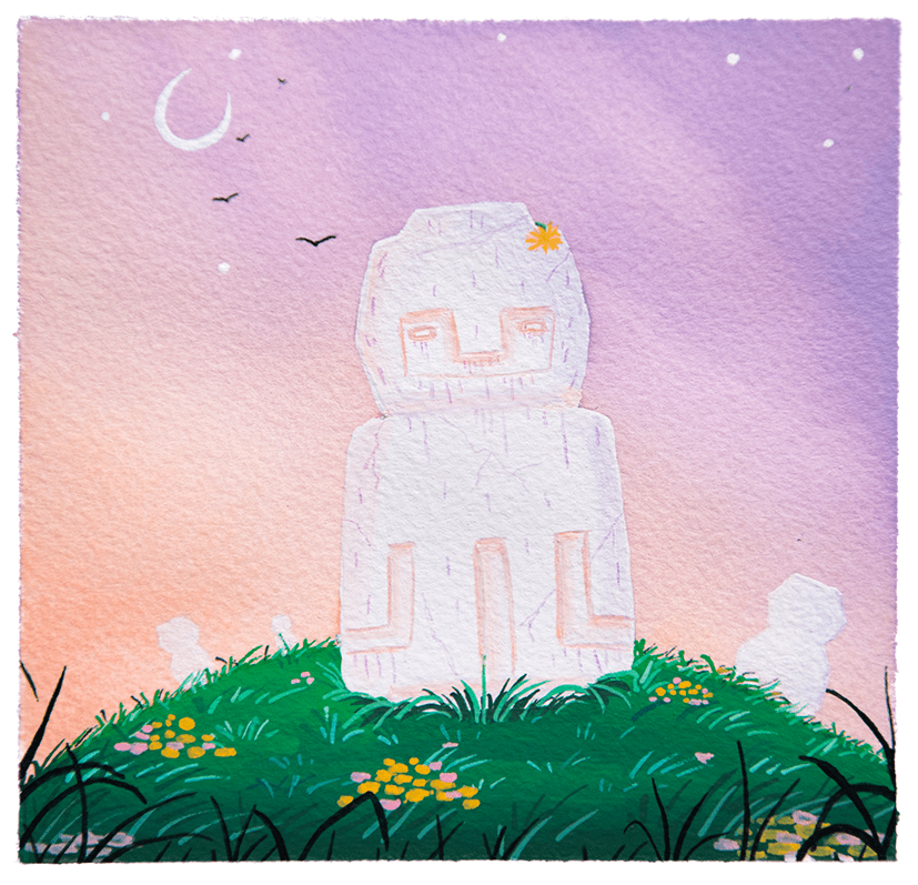 The moai statue stands atop a grassy hill. Seagulls fly across a crescent moon against a backdrop of a purple dusk.